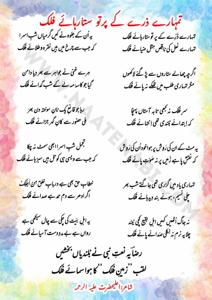Tumhare Zarre Ke Partau Sitaarhaye Falak Lyrics Naat || तुम्हारे ज़र्रे के परतौ सितारहाए फ़लक