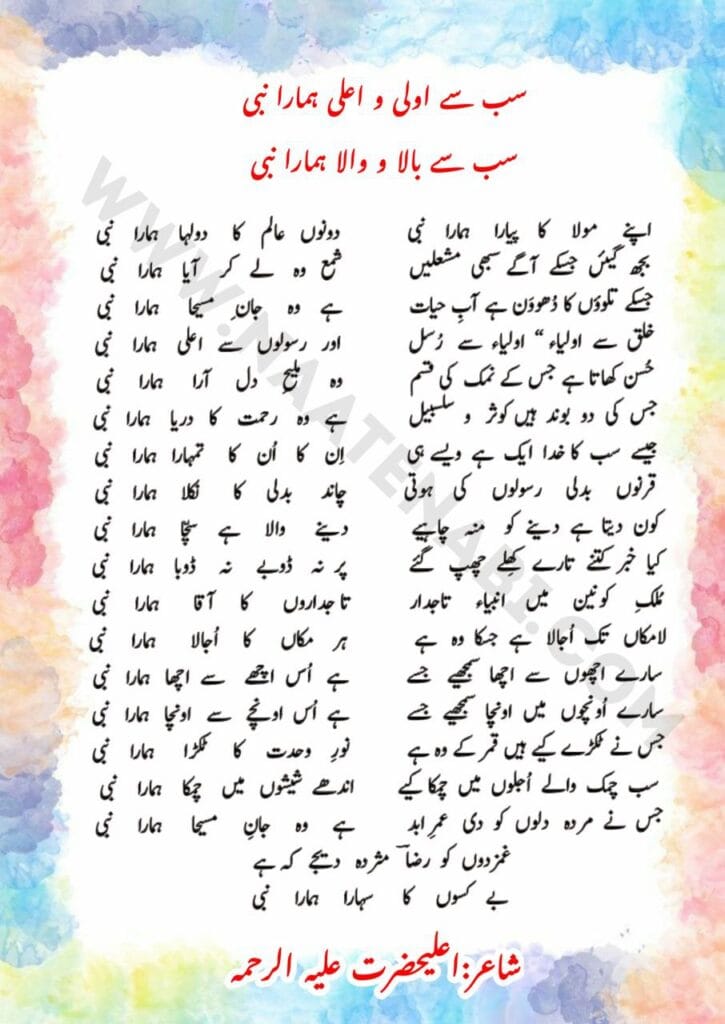 Sabse Aula Wo Aala Hamara Nabi Naat Lyrics English & Hindi & Urdu || सब से औला व आ’ला हमारा नबी