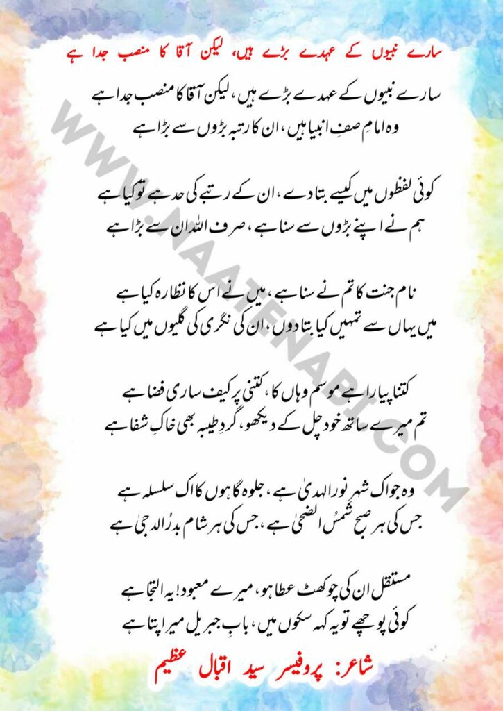 Saare Nabiyon Ke Ohde Bade Hain naat lyrics written by Professor Syed Iqbal Azeem and recited by Syed Hassanullah Husaini and Saqlain Rasheed