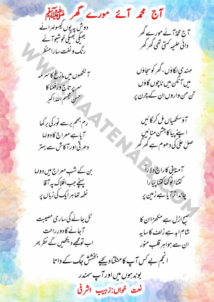 Aaj Muhammad Aaye Morey Ghar milad naat lyrics in Urdu Hindi and Roman