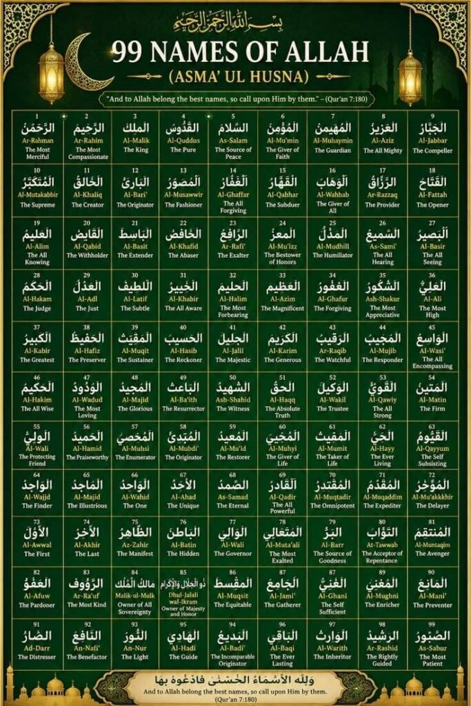 99 Asma Ul Husna Islamic kalam featuring the 99 beautiful names of Allah with spiritual Islamic background