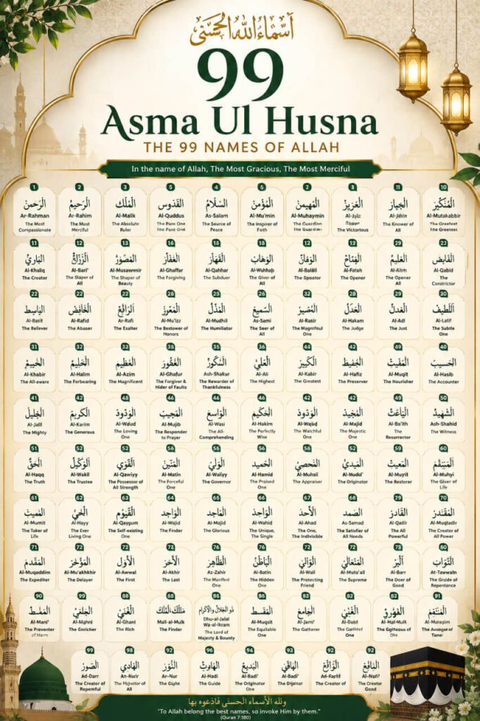 99 Names of Allah Islamic poster featuring beautiful Arabic calligraphy and spiritual Islamic artwork dedicated to Allah