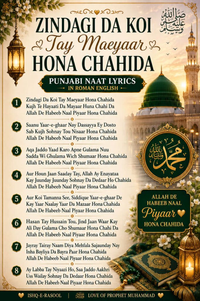 Zindagi Da Koi Tay Maeyaar Hona Chahida lyrics poster with Islamic spiritual background