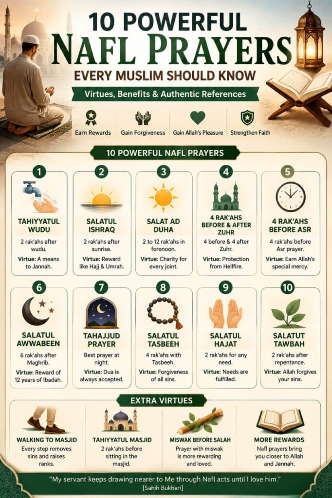 10 Powerful Nafl Prayers infographic featuring Tahajjud, Ishraq, Duha, Salatul Tasbeeh, Salatul Hajat, and other voluntary prayers in Islam