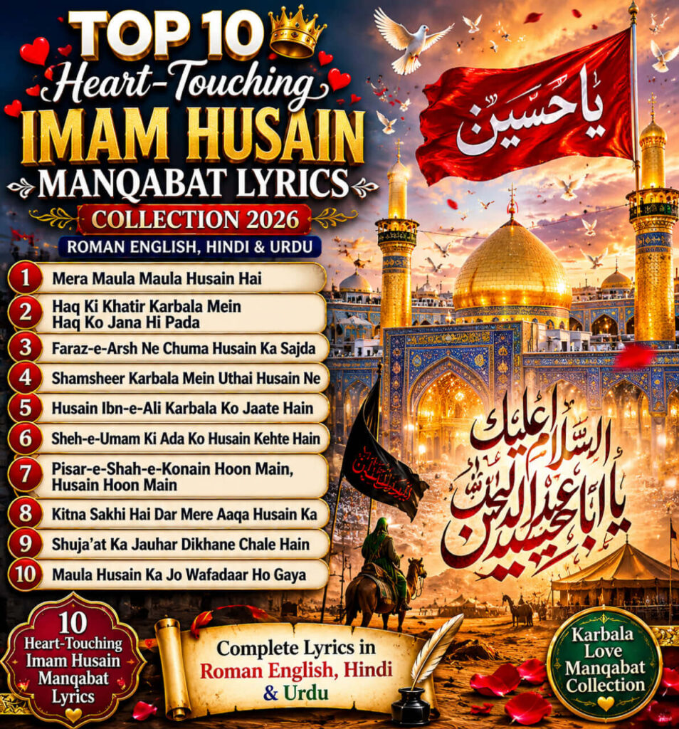 Top 10 Heart-Touching Imam Husain Manqabat Lyrics Collection 2026 featuring Karbala-inspired Islamic design and complete lyrics in Roman English, Hindi and Urdu