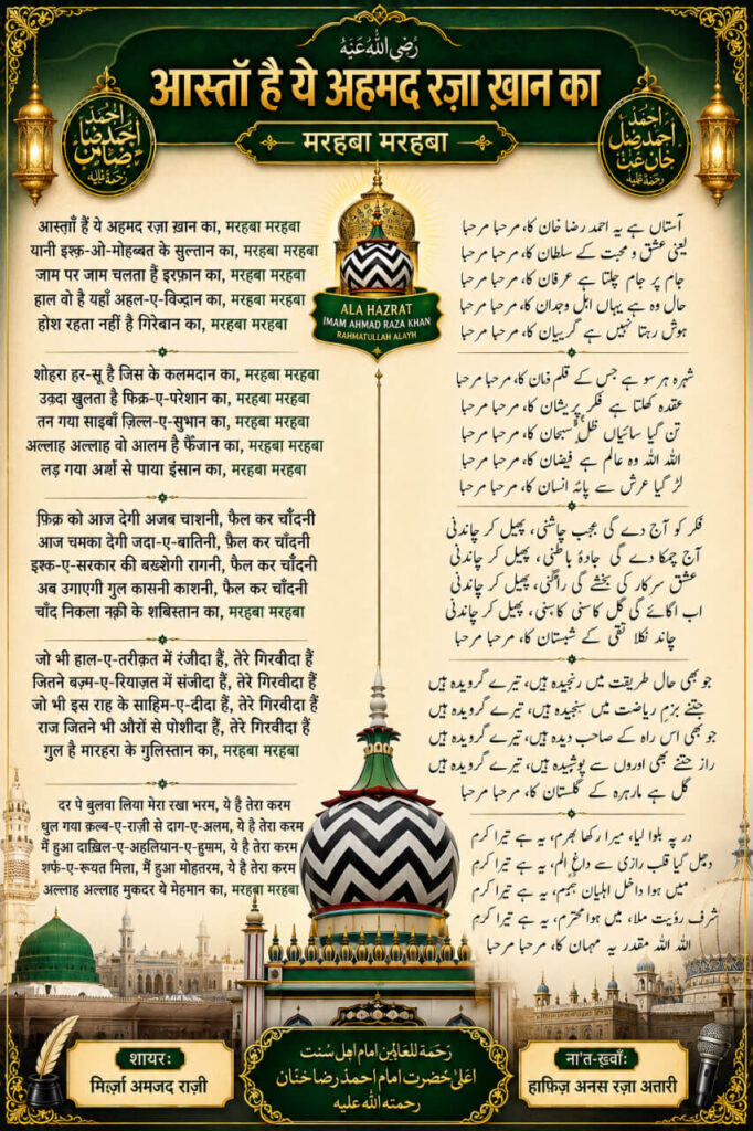 Aastan Hai Ye Ahmad Raza Khan Ka Manqabat lyrics poster in Roman English dedicated to Imam Ahmad Raza Khan (Ala Hazrat), written by Mirza Amjad Razi and recited by Hafiz Anas Raza Attari.