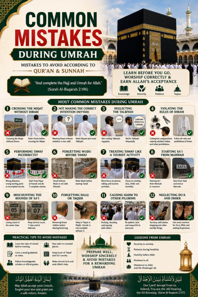 Common Mistakes During Umrah – Mistakes to Avoid According to Qur'an & Sunnah featuring the Holy Kaaba, pilgrims in Ihram, common Umrah errors, correct Tawaf, Sa'i, Talbiyah, Wudu, and practical tips for a valid Umrah.