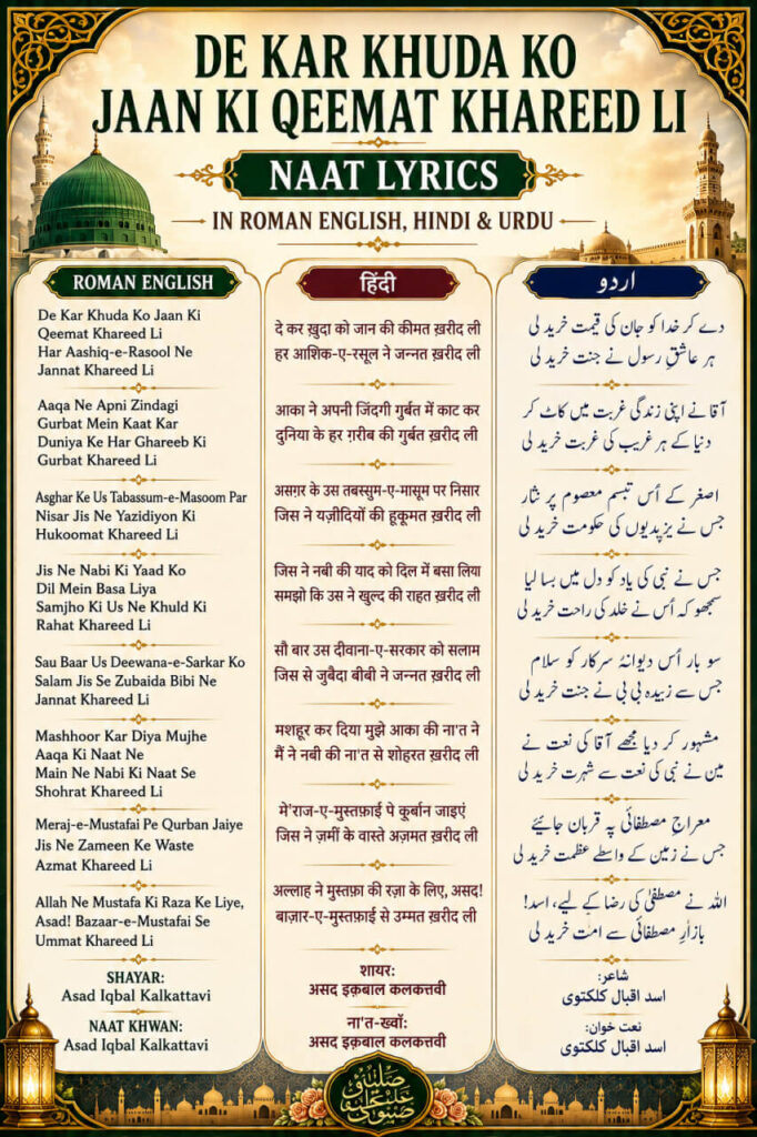 De Kar Khuda Ko Jaan Ki Qeemat Khareed Li Naat Lyrics in Roman English, Hindi & Urdu by Asad Iqbal Kalkattavi