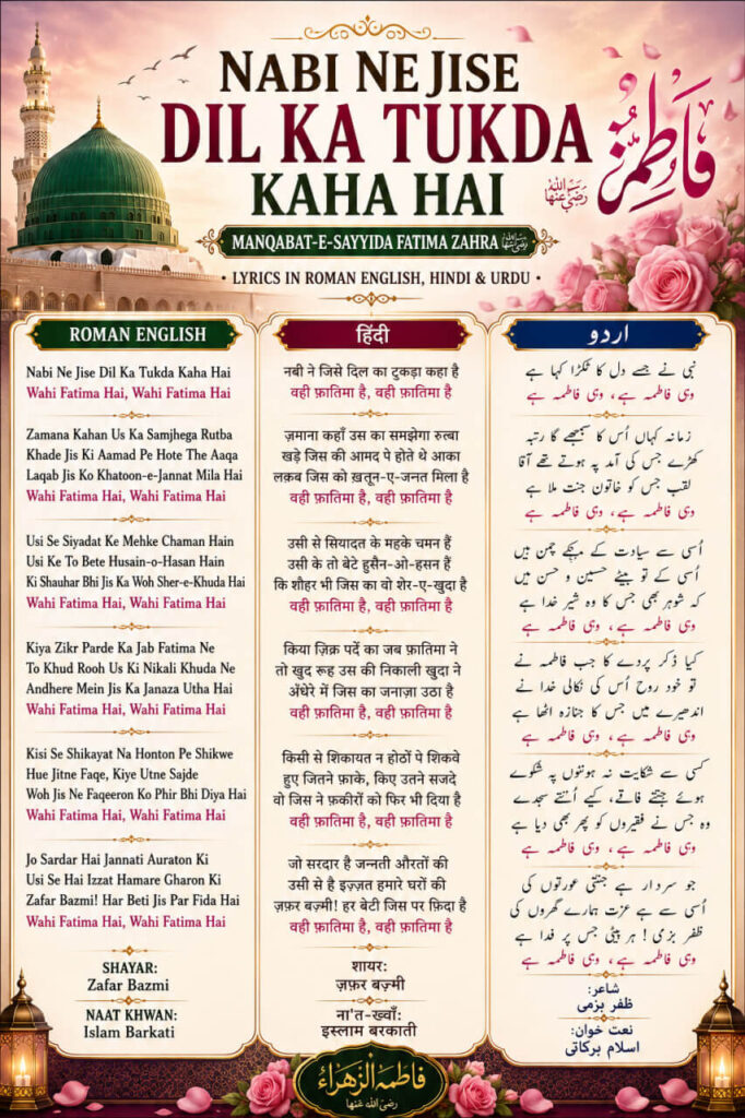 Nabi Ne Jise Dil Ka Tukda Kaha Hai Manqabat Lyrics in Roman English, Hindi & Urdu by Zafar Bazmi