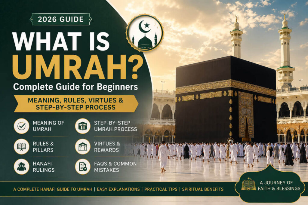 Holy Kaaba in Makkah featured image for What Is Umrah? Complete Guide for Beginners explaining the meaning, rules, virtues, and step-by-step Umrah process according to Hanafi fiqh.