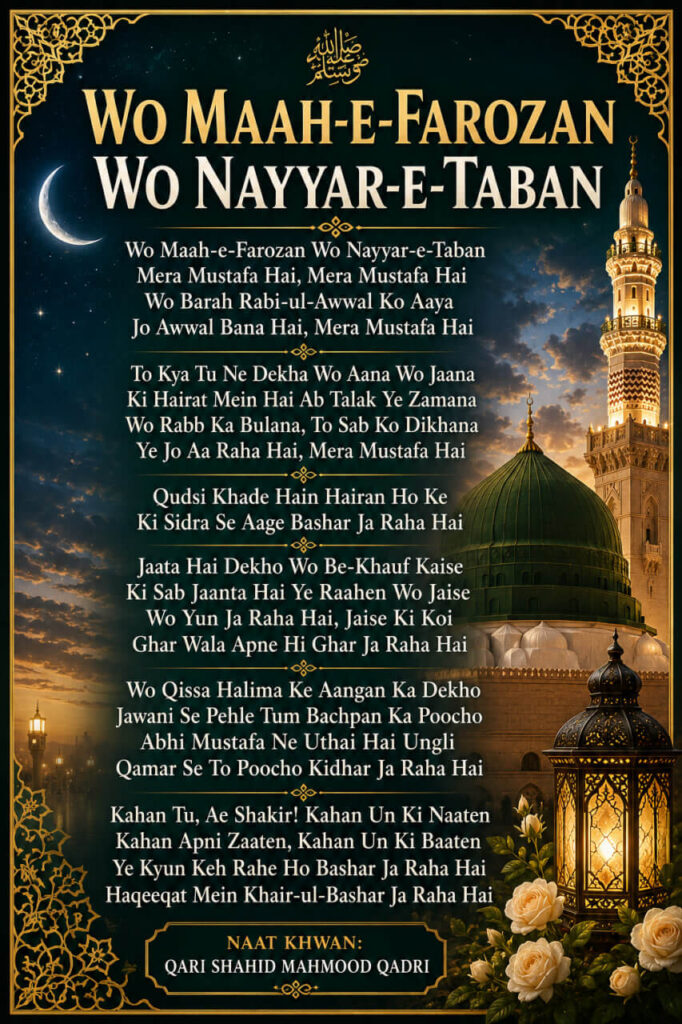 Wo Maah-e-Farozan Wo Nayyar-e-Taban Naat featured image with Roman English lyrics in an elegant Madina-inspired Islamic design.