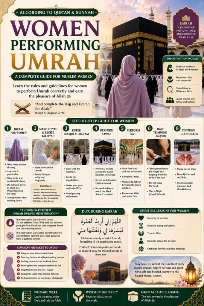 Women Performing Umrah – Complete Guide According to Qur'an & Sunnah featuring a Muslim woman in Hijab at the Holy Kaaba, women's Ihram rules, Tawaf, Sa'i, Taqsir, and essential Umrah guidelines according to the Hanafi school.