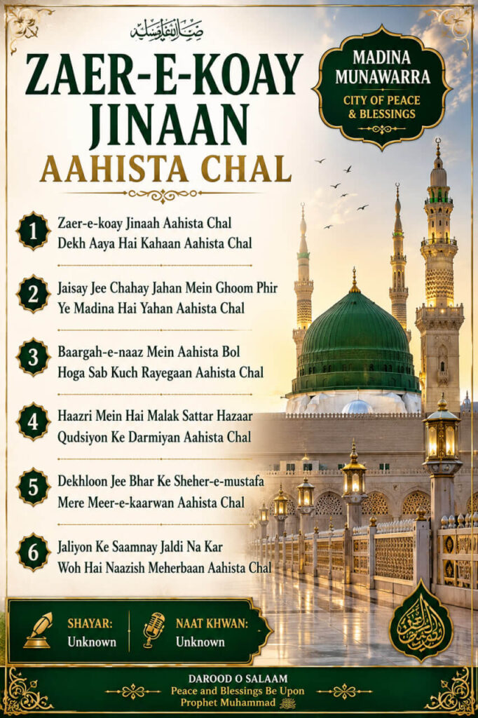 Zaer-e-Koay Jinaan Aahista Chal Naat lyrics in Roman English with Madina Sharif premium Islamic poster