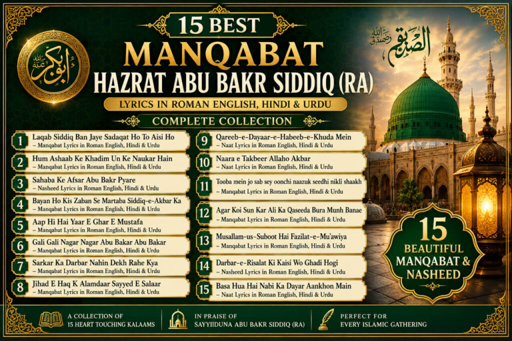 15 Best Manqabat Hazrat Abu Bakr Siddiq (RA) Lyrics Collection poster featuring Roman English, Hindi & Urdu lyrics with an elegant Islamic green and gold design inspired by Madina.