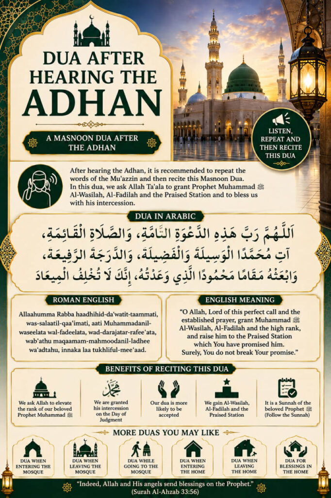 Complete Dua After Hearing the Adhan in Arabic, Roman English and English Meaning
