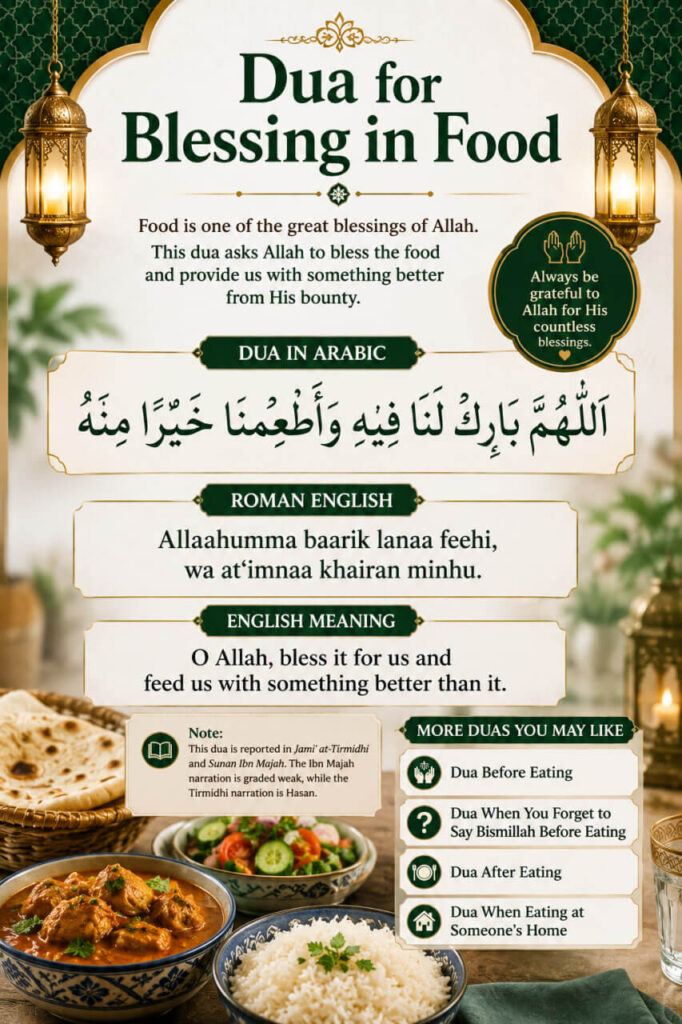 Dua for Blessing in Food in Arabic, Roman English and English Meaning