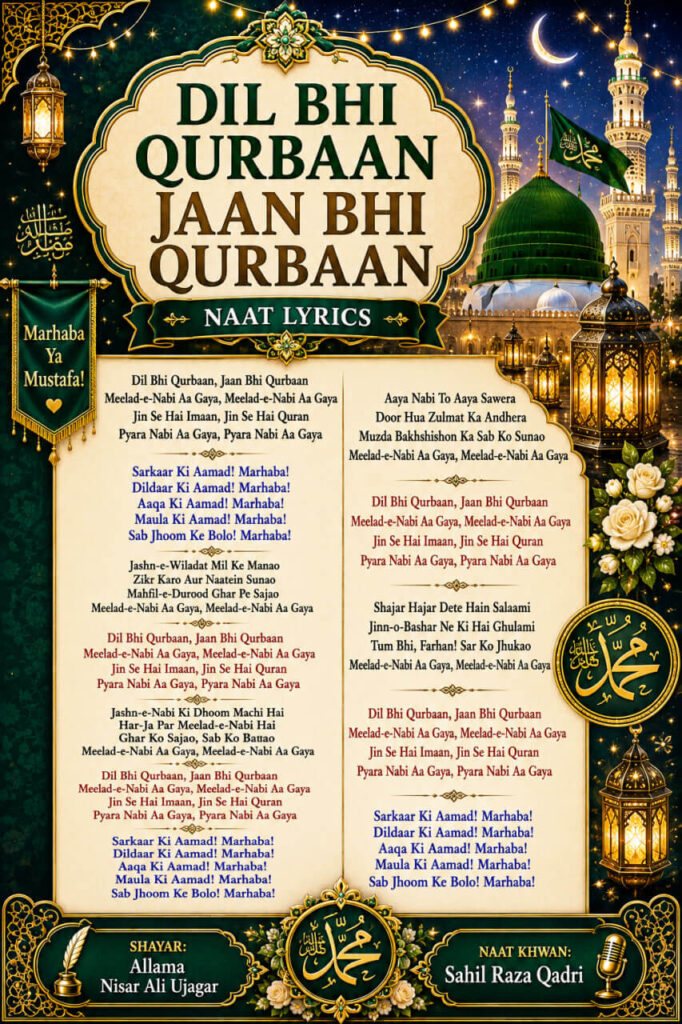 Dil Bhi Qurbaan Jaan Bhi Qurbaan Naat lyrics in Roman English with beautiful Milad-e-Nabi Islamic poster design
