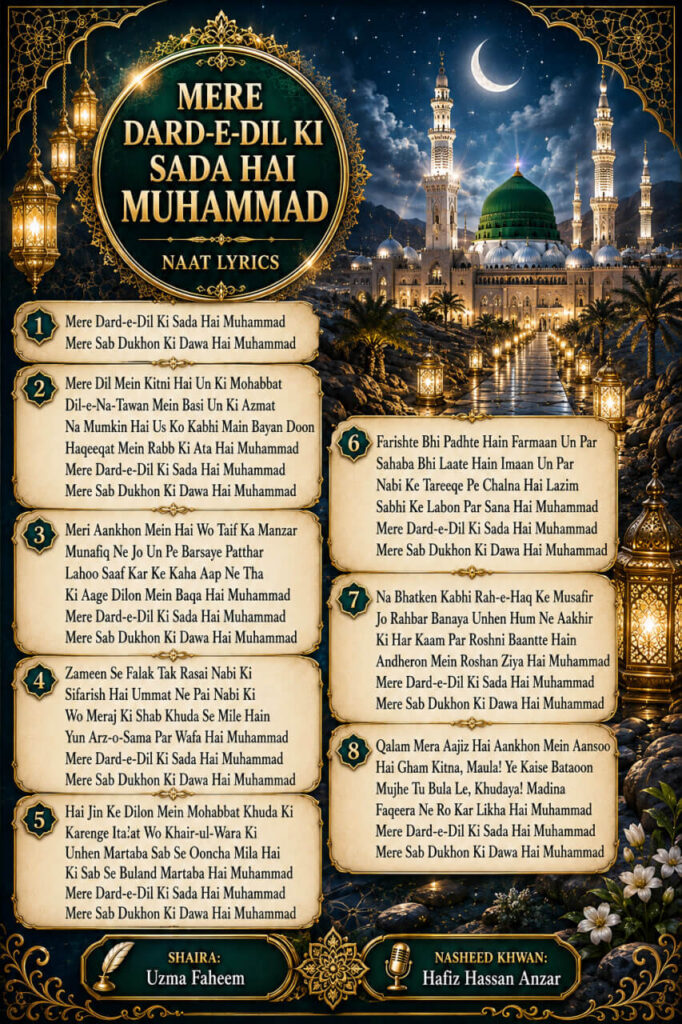 Mere Dard-e-Dil Ki Sada Hai Muhammad Naat lyrics in Roman English with Green Dome luxury Islamic poster