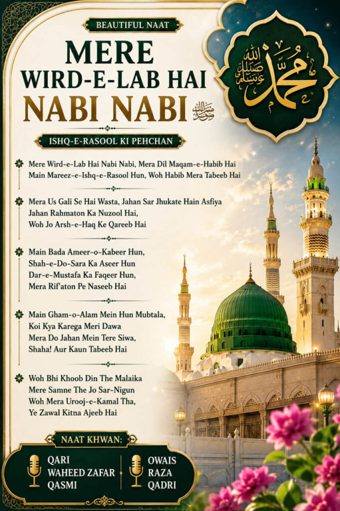 Mere Wird-e-Lab Hai Nabi Nabi Naat lyrics poster in Roman English with the Green Dome of Madina and an elegant Islamic design.