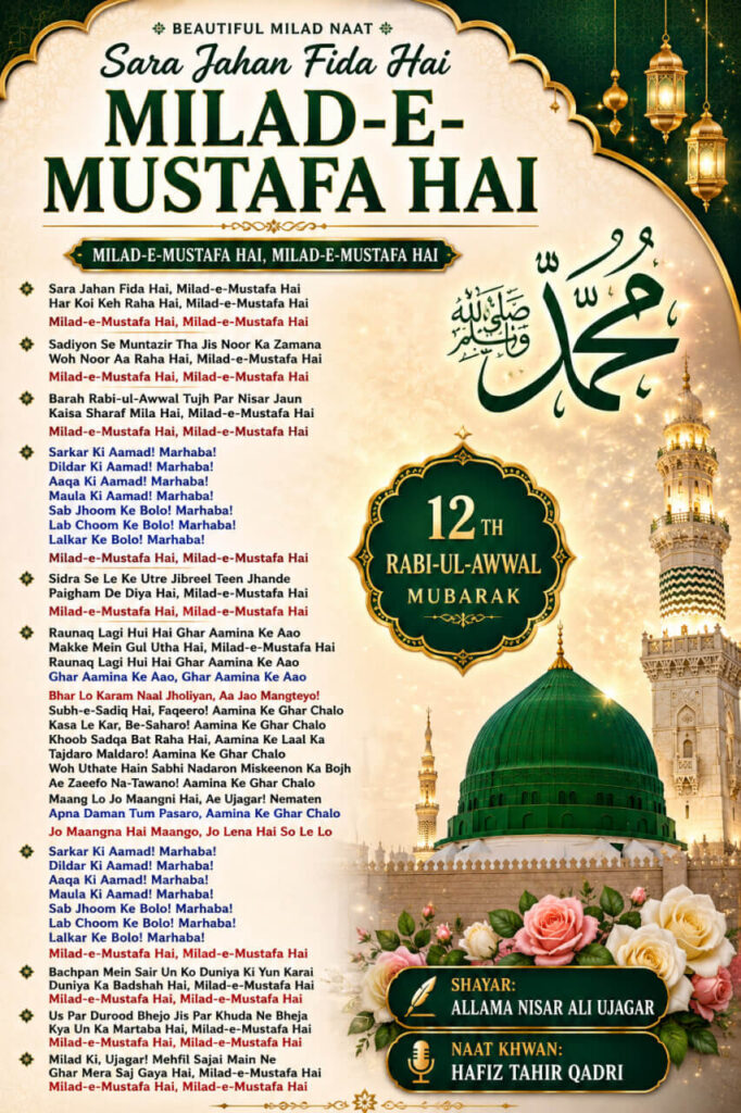 Sara Jahan Fida Hai Milad-e-Mustafa Hai Naat lyrics poster in Roman English with Madina Sharif, Green Dome, and elegant Islamic Milad theme.