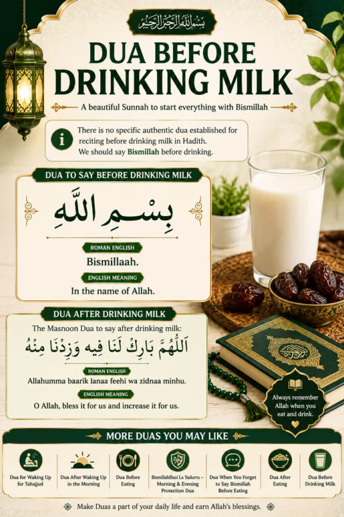 Dua Before Drinking Milk in Arabic and Roman English – Bismillah