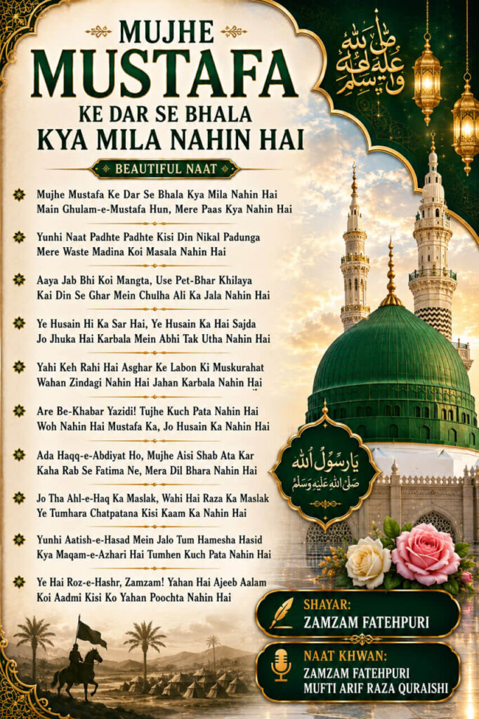 Mujhe Mustafa Ke Dar Se Bhala Kya Mila Nahin Hai Naat lyrics poster in Roman English with Madina Sharif, Green Dome, and elegant Islamic design.