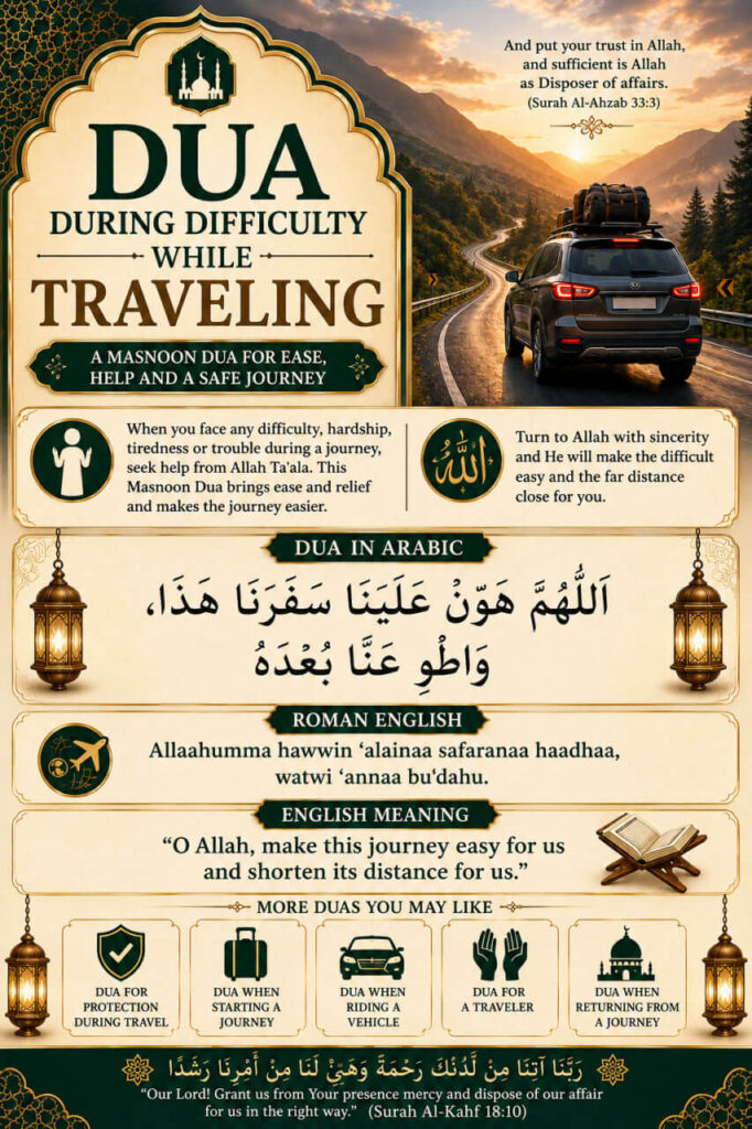 Dua During Difficulty While Traveling in Arabic, Roman English and English Meaning