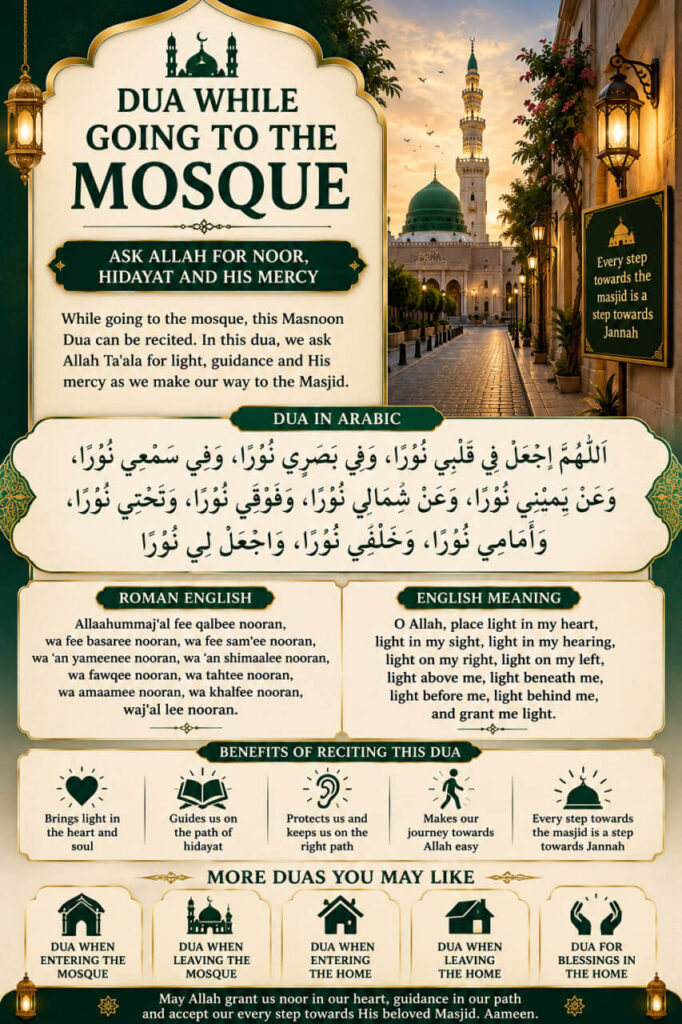Dua While Going to the Mosque in Arabic, Roman English and English Meaning