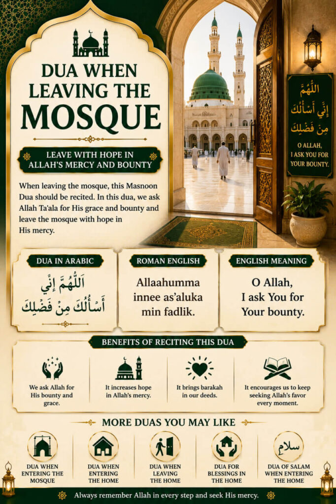Dua When Leaving the Mosque in Arabic, Roman English and English Meaning
