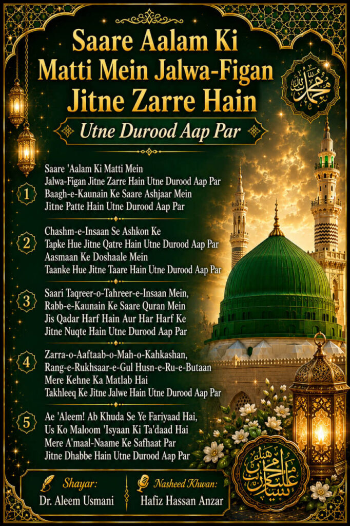 Saare Aalam Ki Matti Mein Jalwa-Figan Jitne Zarre Hain Salam lyrics in Roman English with Green Dome Islamic poster